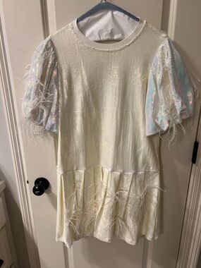 Iridescent Feather Trim Cream Dress